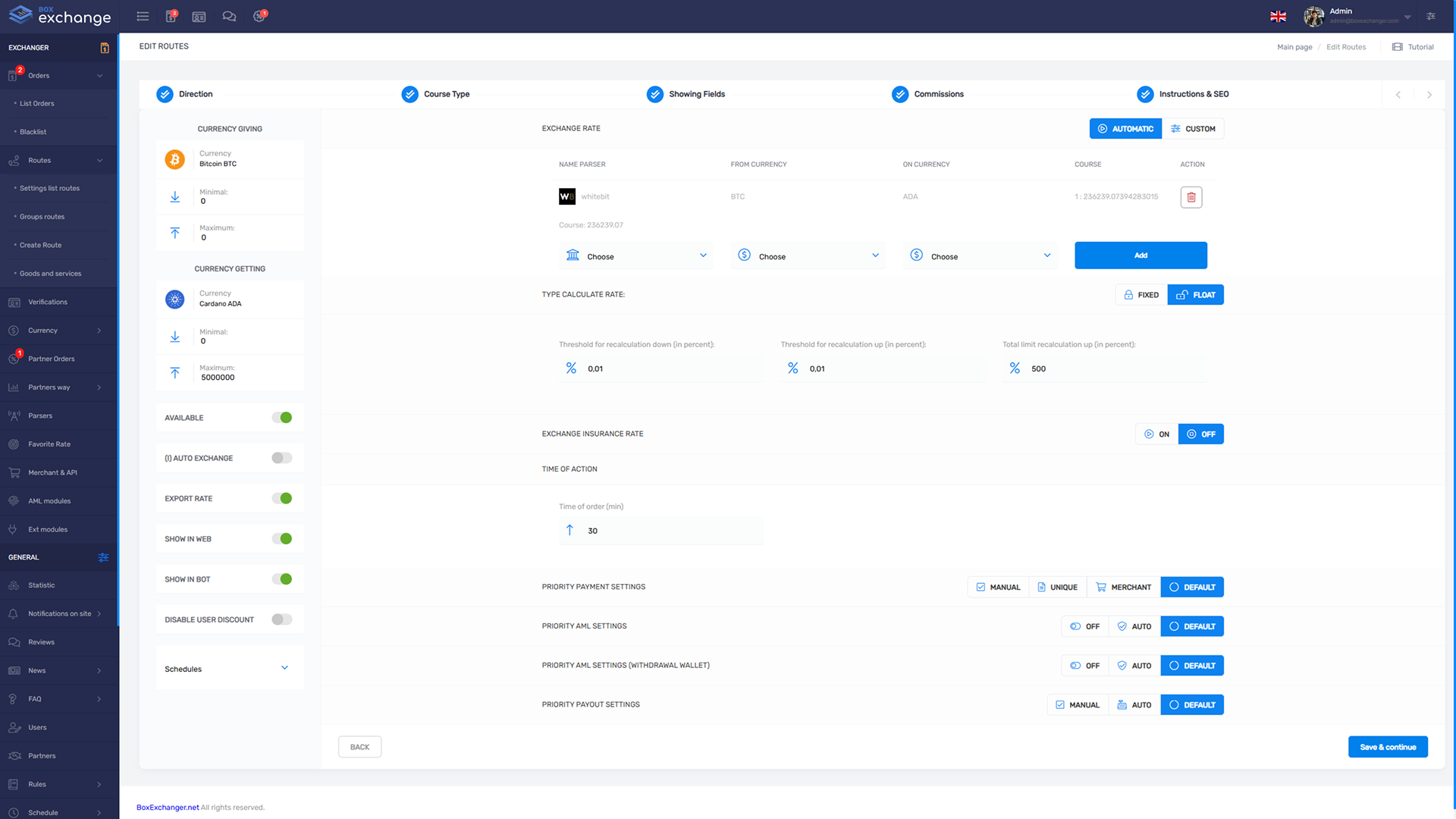 Admin panel BoxExchanger