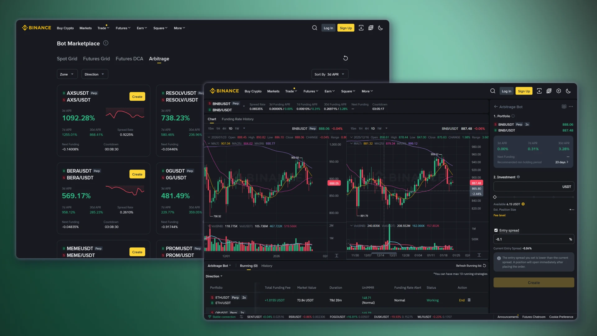 Marketplace catalog and arbitrage bot interface on CEX, DEX and DeFi with spread and profitability analysis