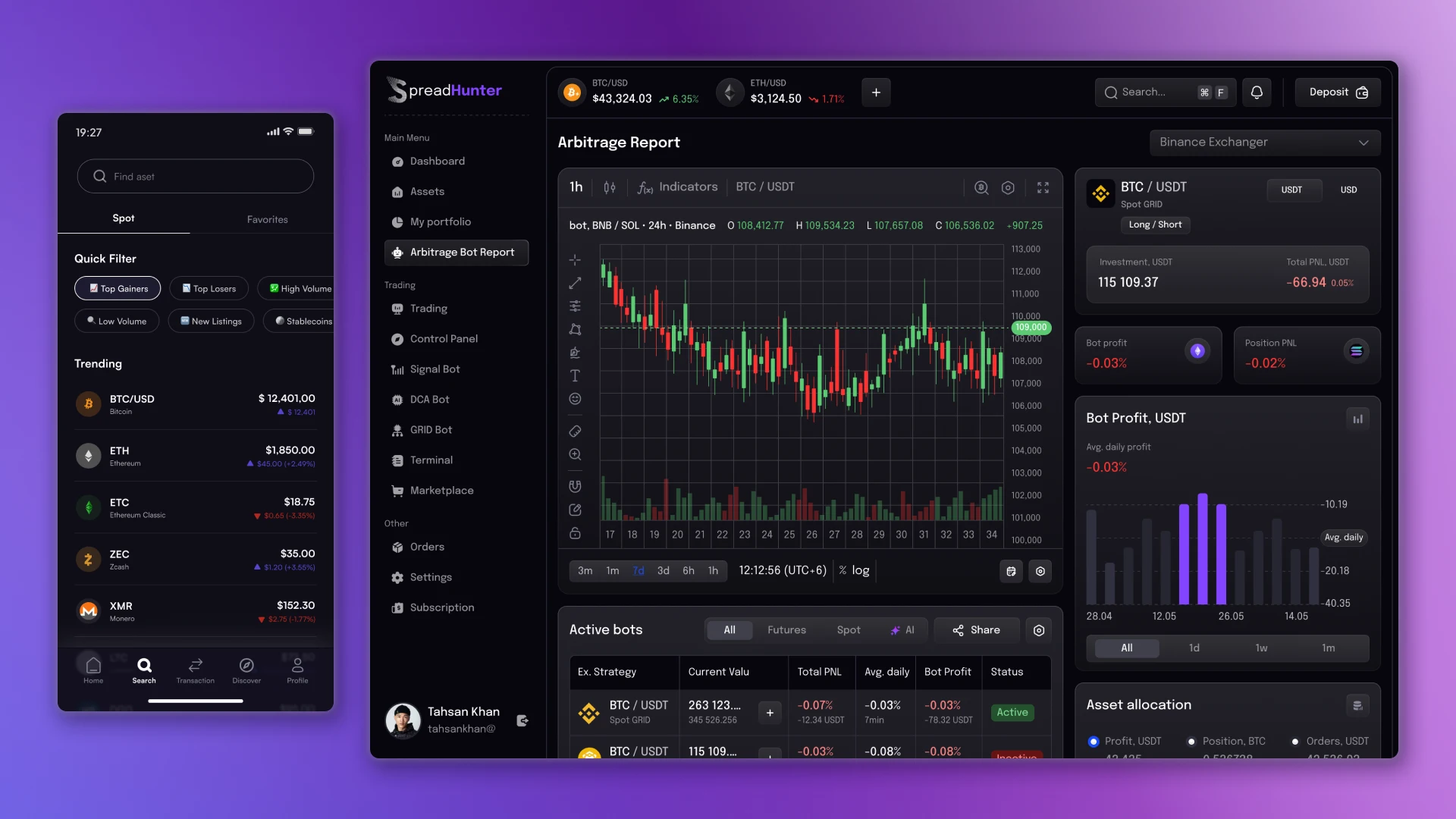 Dashboard for real-time monitoring of arbitrage strategies and adaptation to mobile devices