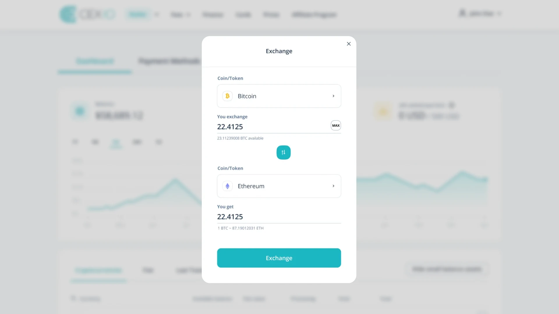 CEX token exchange pop-up window