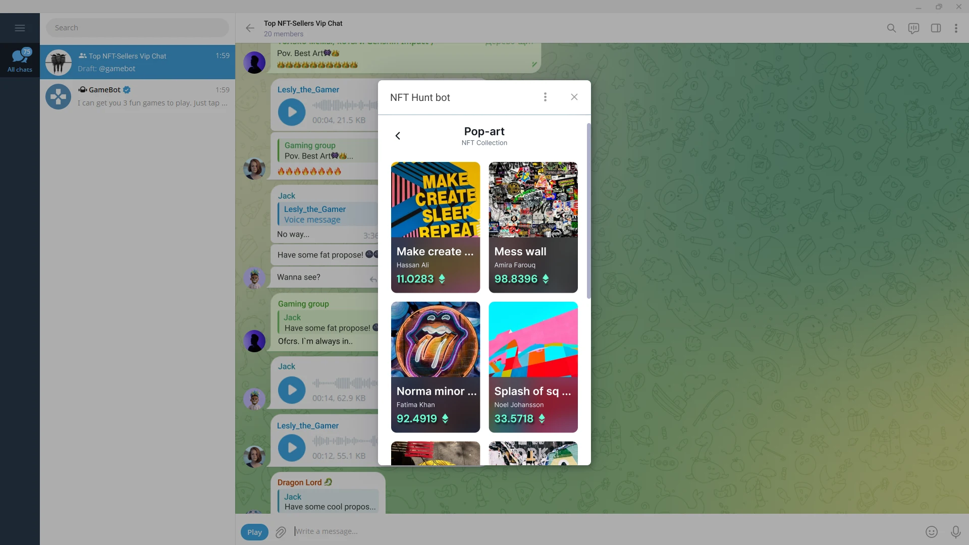 Telegram bot interface for an NFT marketplace