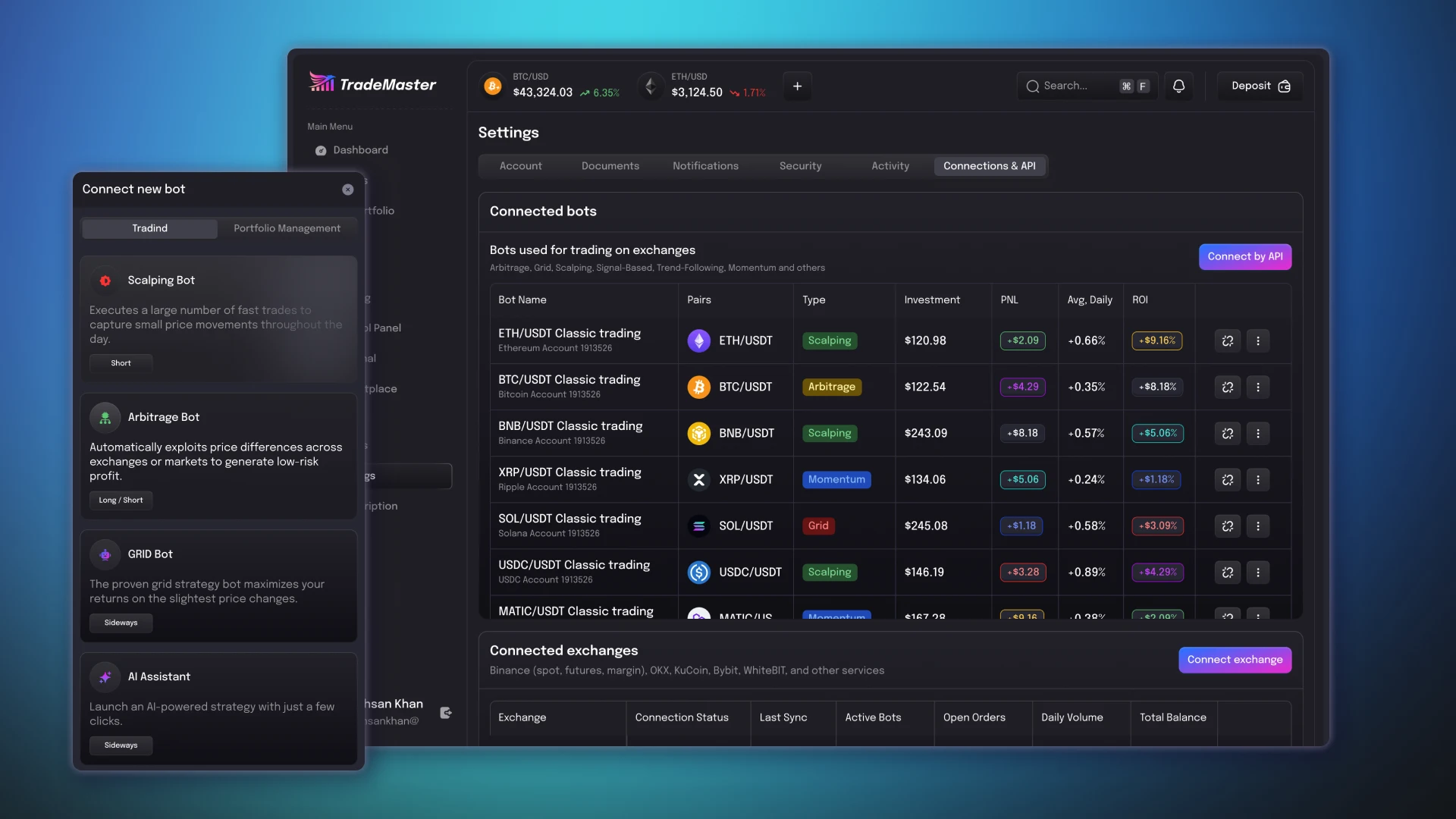 Integration of exchanges and bots via API keys