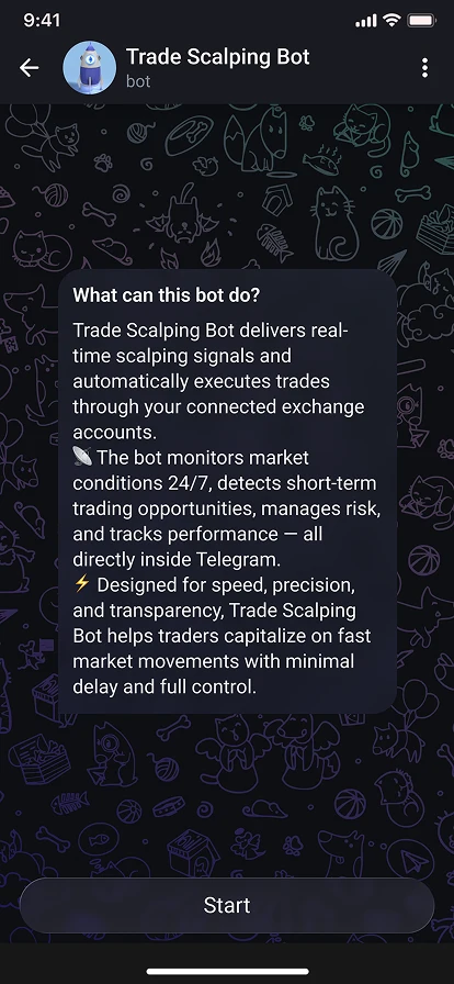 Initial information screen of a Telegram bot with Scalping Bot integration