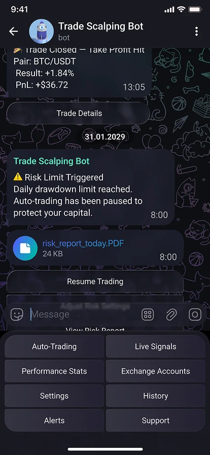 Crypto trading scalping bot developed for the Telegram platform