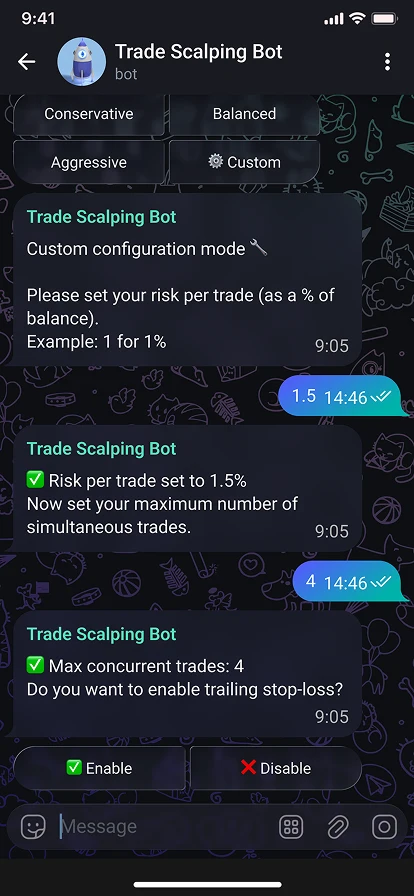 Configuration of autotrading for Scalping bot in Telegram chat