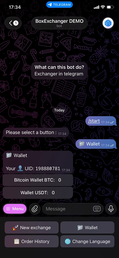 Launch of the Telegram bot for the exchange