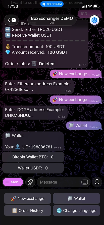 Telegram bot crypto exchange
