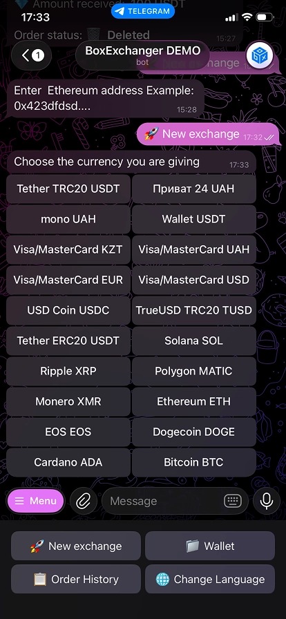 Telegram bot crypto exchange