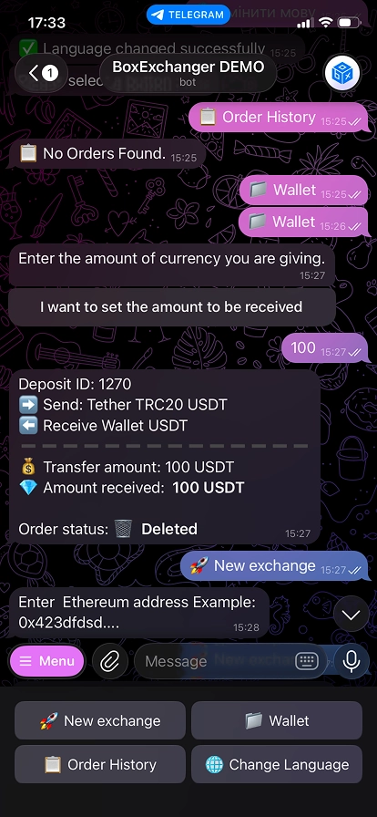 Cryptocurrency exchange in Telegram bot