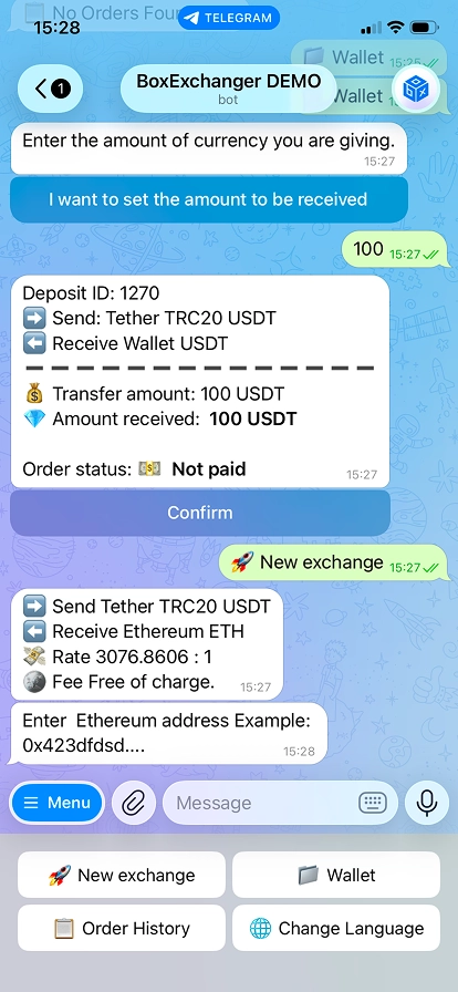 Ready-made Telegram bot exchange based on BoxExchanger