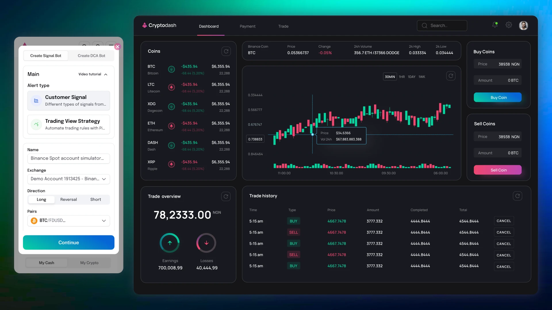 White label crypto trading bot dashboard with analytics and mobile signal bot creation