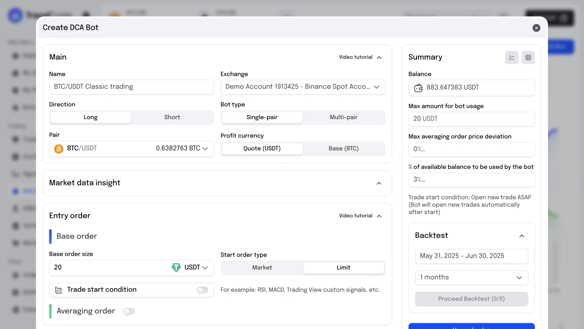 White label DCA bot creation modal window
