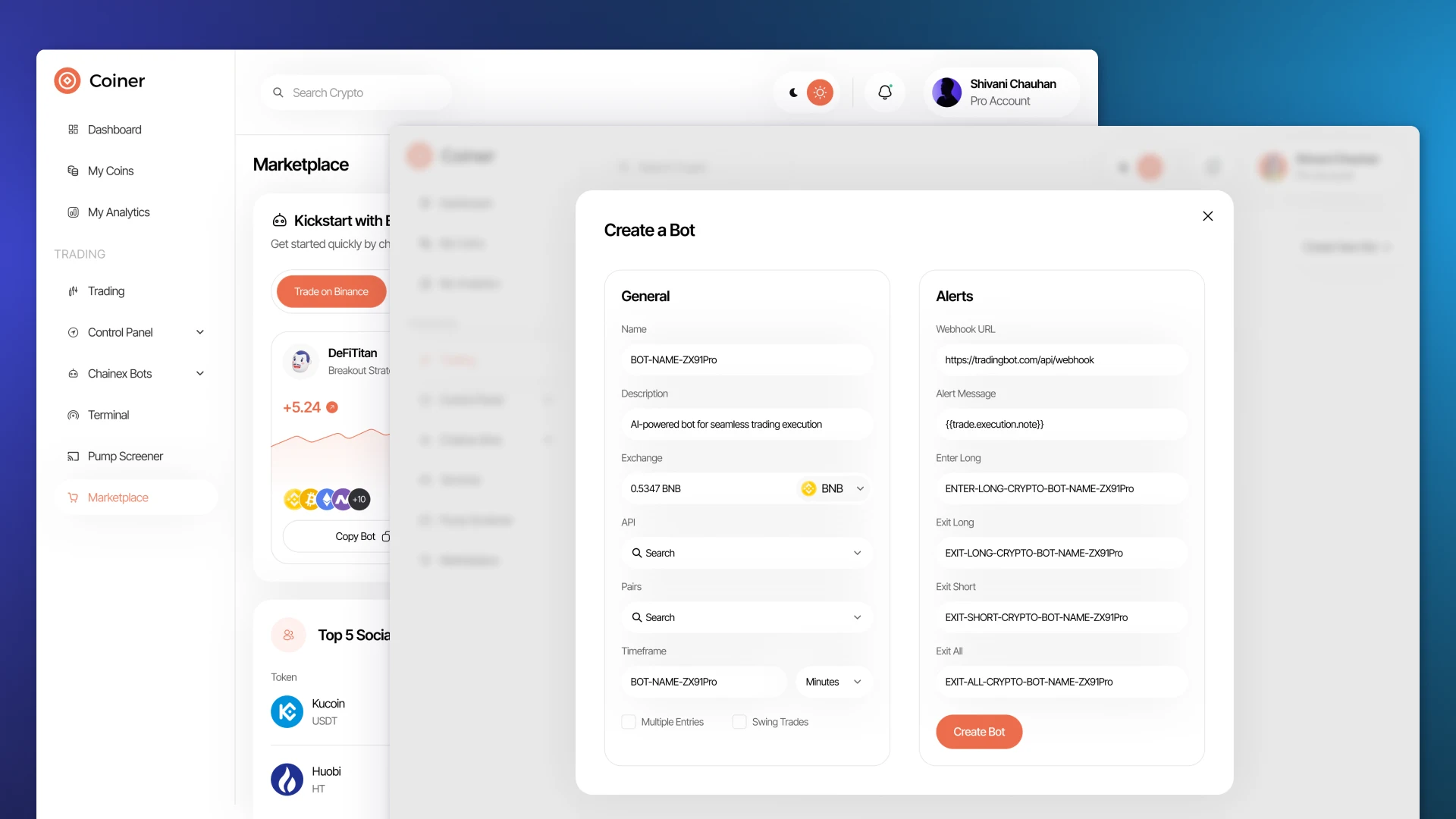 Crypto bot management and creation interface in admin panel